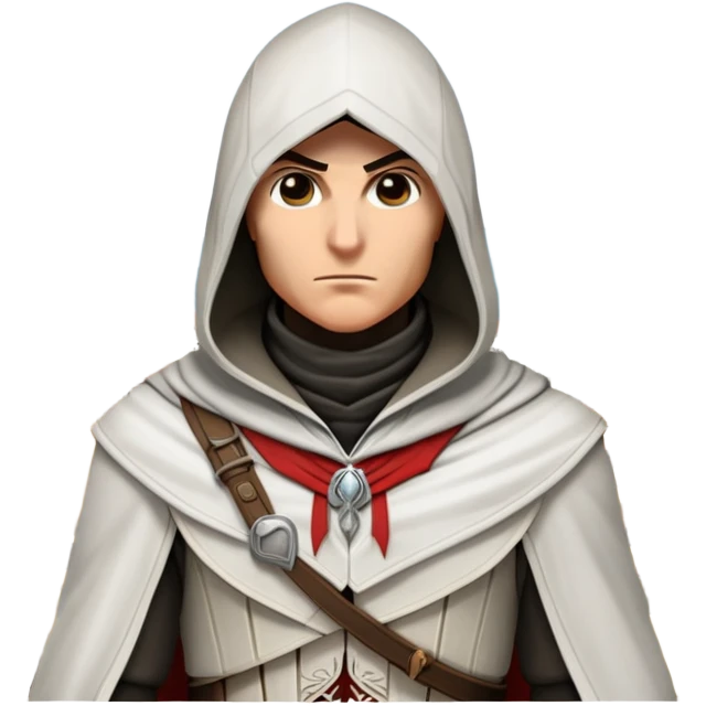 icon featuring Assasin's Creed in an iconic assassin's hood, standing tall against the backdrop of Florence. The design captures the essence of adventure, with intricate details of historical architecture and a sense of mystery. The character is poised, ready for action. transparent background. emoji