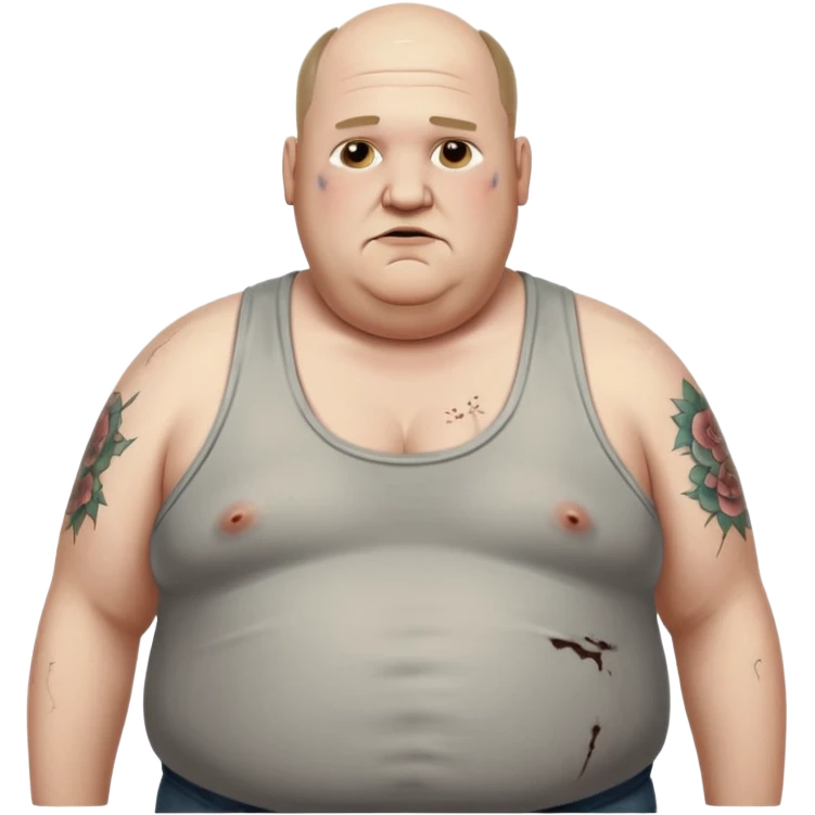 extremely morbidly obese middle aged white man in wifebeater with  dirty appearance. His hair is balding and grey and greasy emoji