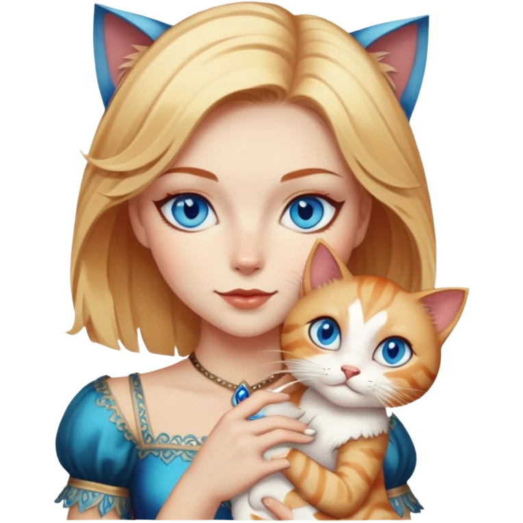 Blue-eyed blonde, slightly red-haired, short hair, just above her shoulders. in her arms is a cat with blue eyes, breed: Nevsky-masquerade. emoji