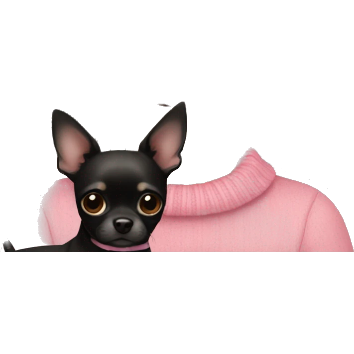 Girl with dark brown curly hair and brown eyes in a pink sweater holding a black chihuahua  emoji