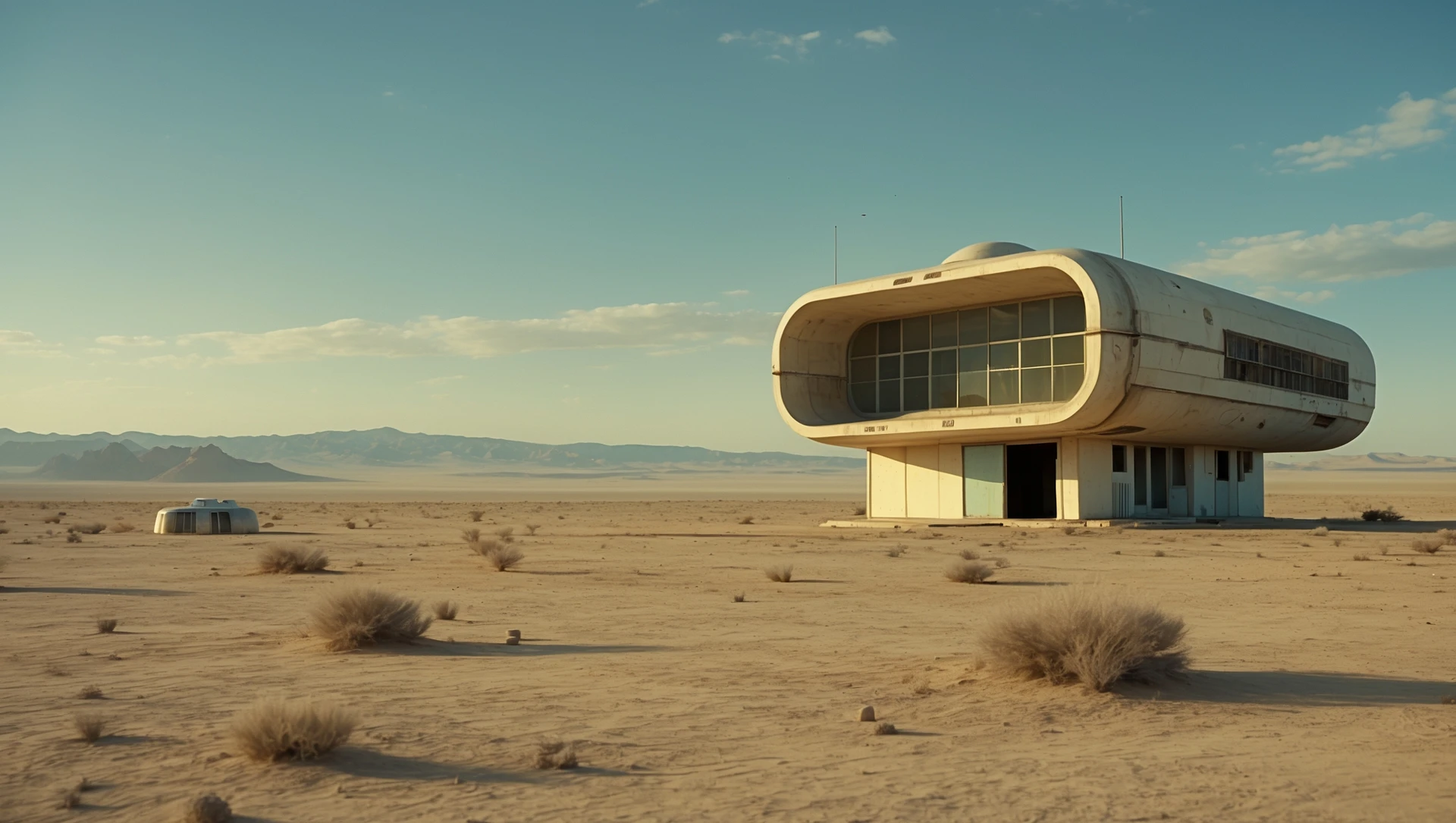 Cinematic still from 1990s Retro Space movie, film called Retro Futurism, Establishing scane showing desert with single small abandon futuristic bulding, big landscape in background showing loneliness emoji