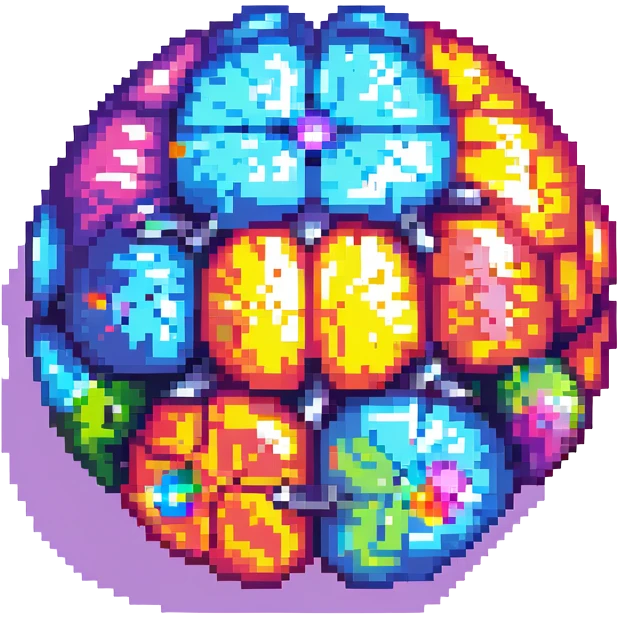 Add a colorful, vibrant core to the brain, making the center of the crystal brain glow with multiple bright colors, in pixel art style, with no background. emoji