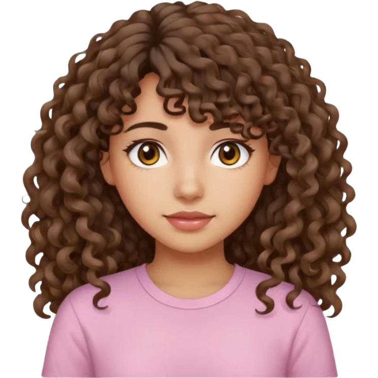 A Latina girl with brown eyes and long loose curly hair with curly bangs with a light pink shirt emoji