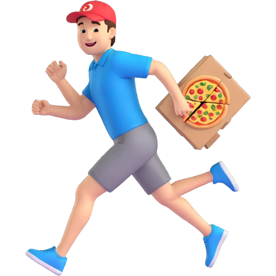 a man running with a pizza box in his hands, smiling, 3D cartoon style, dynamic action pose emoji