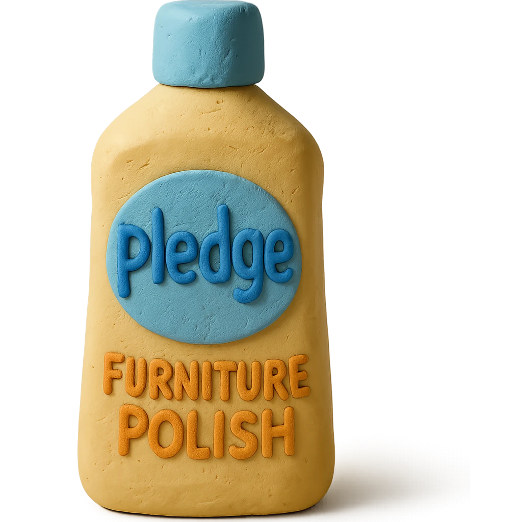 claymation style bottle of furniture polish inspired by Pledge, yellow and blue label, pastel colors, visible fingerprints, soft matte finish emoji