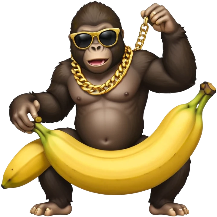 A realistic gorilla with cool shades and a gold chain riding a banana  emoji