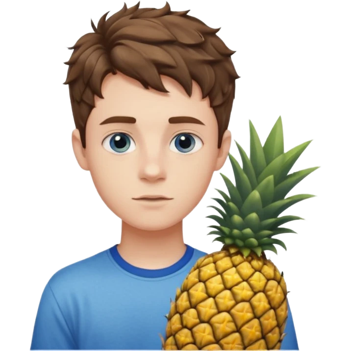 Pale teenage man with short wavy brown hair holding pineapple, prominent jawline, blue eyes emoji