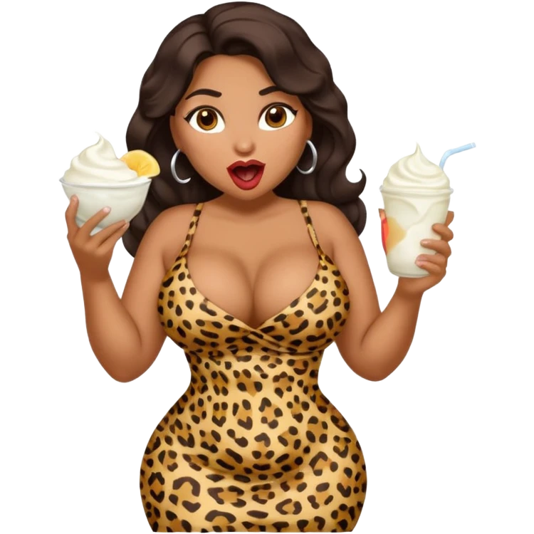 attractive full body latina with massive curves, breasts, and ass wearing a tight leopardskin dress  with her mouth open and white yogurt all over her face and in her mouth emoji