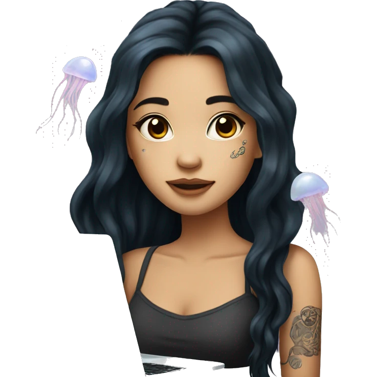 beautiful girl, with jellyfish tattoos, with long black hair, wavy hair, chinese, with laptop emoji