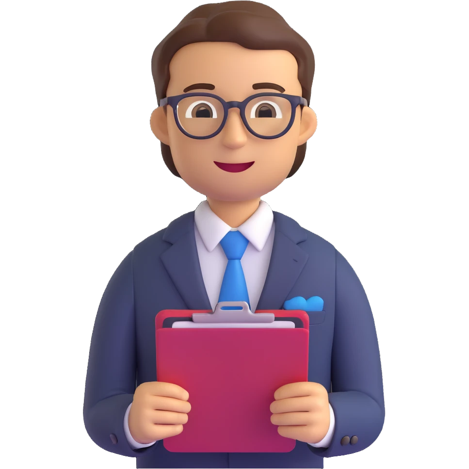 salesman emoji, confident, holding a clipboard, wearing glasses, business suit emoji