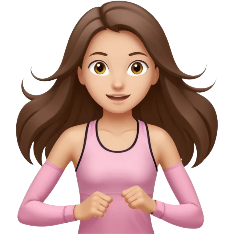 white happy brunette teen long hair with hazel eyes in light pink workout clothes jogging through race finish line emoji