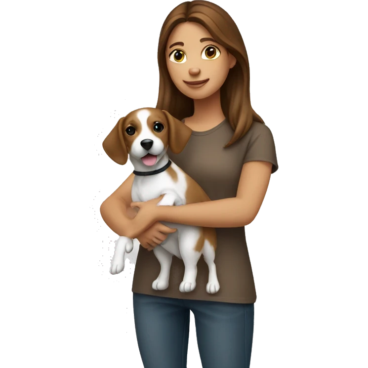 A brown haired girl holding a little jackrussel in golden brown emoji