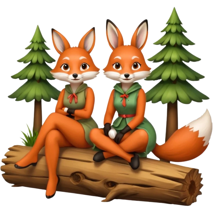 two forest women dressed as fox and rabbit sitting together on log emoji