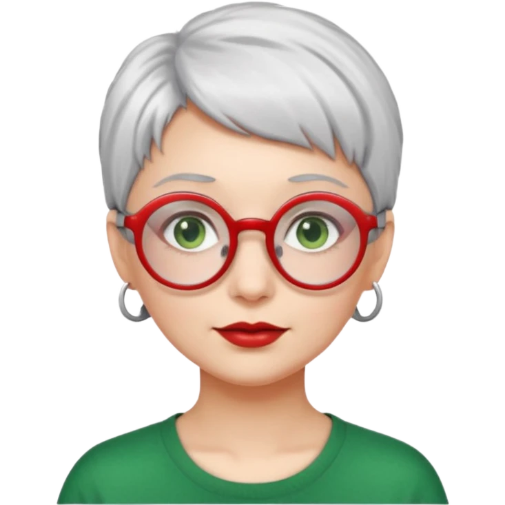 visage femme a lunettes ronde rouge avec cheveux courts gris-blancs aux yeux verts emoji