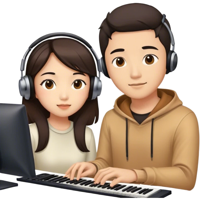 asian male and female in a music studio. one is looking at the computer emoji