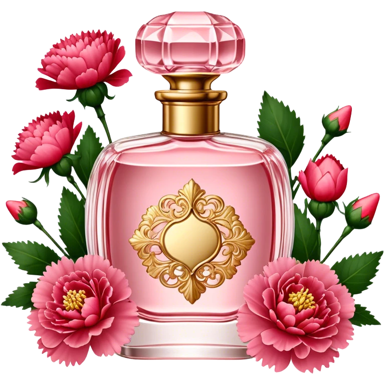 A delicate vintage perfume bottle in soft Petal Pink, adorned with intricate gold detailing, sits elegantly on a vanity. Surrounding it are lush Strawberry Red carnations, their velvety petals adding a rich contrast. The scene is bathed in warm, diffused light, evoking timeless glamour and romance. emoji