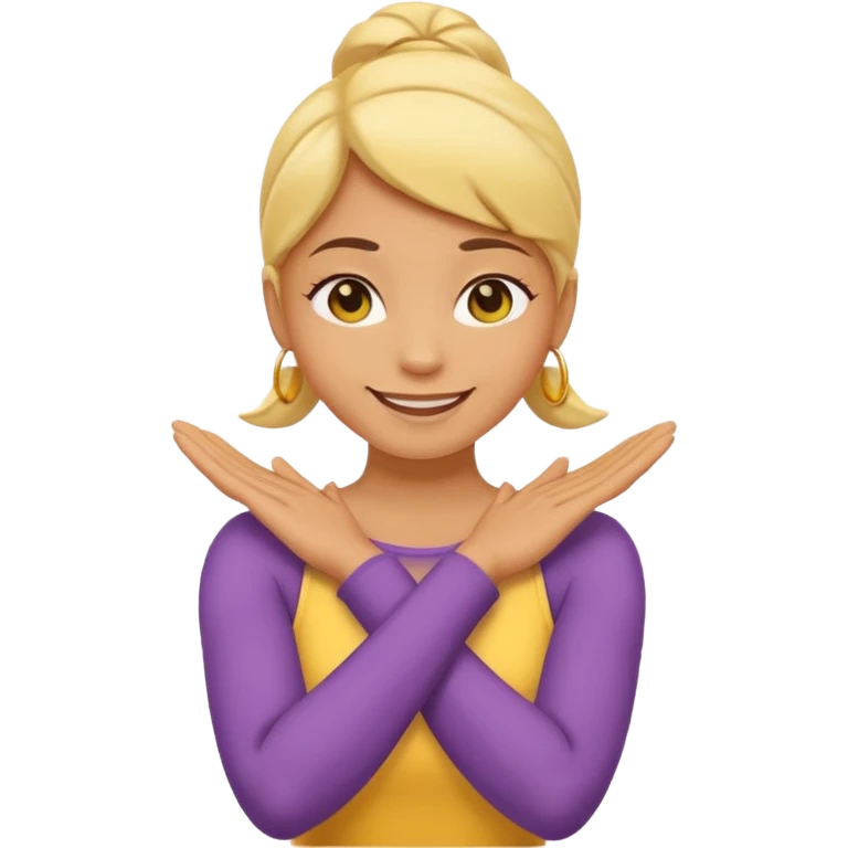 Yellow circle emoji smiling with one eye squinted with arms crossed over her neck, holding neck emoji
