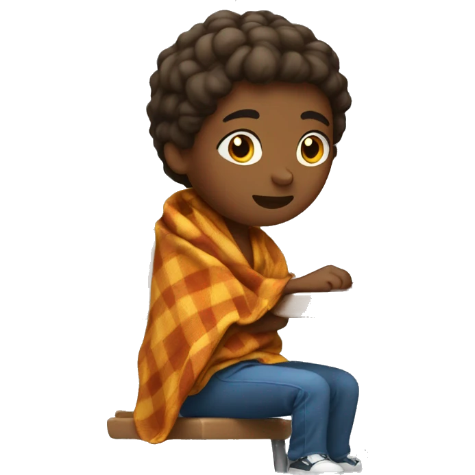 Middle schooler sitting at desk with a blanket wrapped around shoulders  emoji
