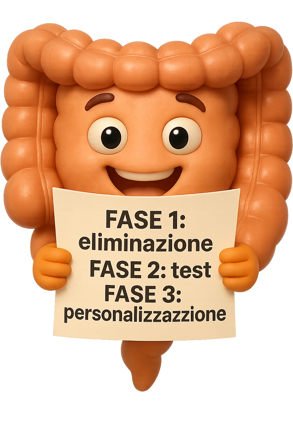 emoji stile iphone 3d di un intestino che tiene in mano un foglio con la scritta "FASE 1: eliminazione, FASE 2: test, FASE 3: personalizzazione, IPERREALISTICO 4K emoji