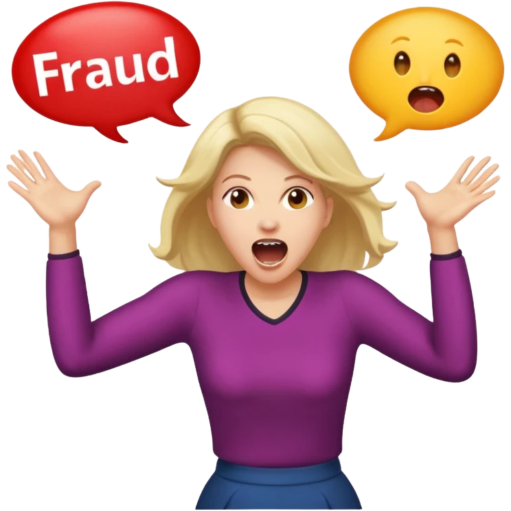 Woman jumping screaming and word “fraud” in a bubble emoji