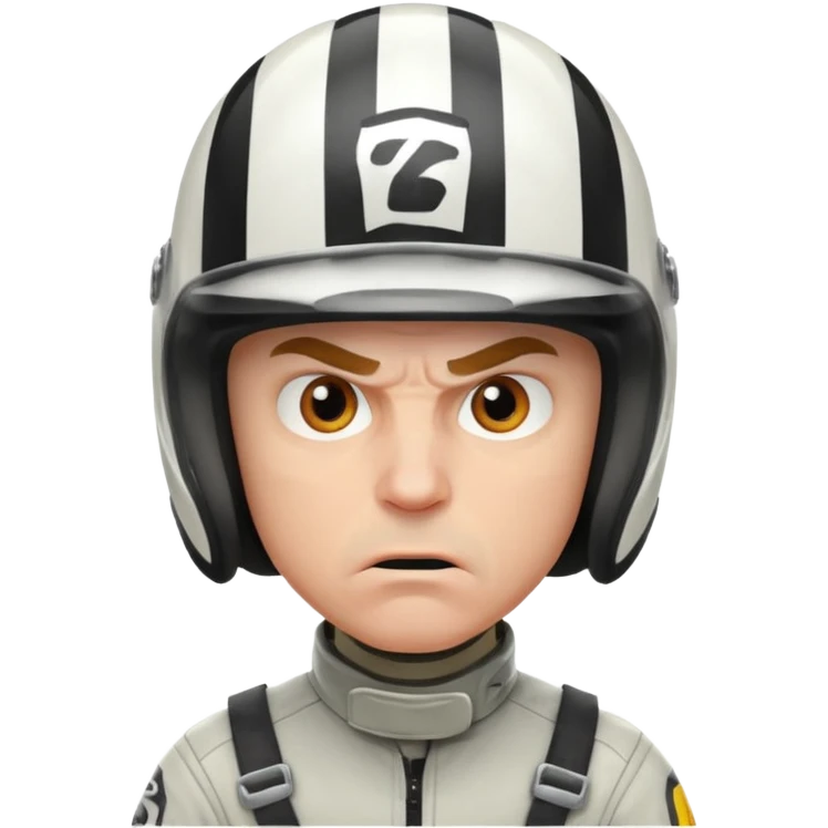 white male racer in helmet, crazy look, taking risks, very serious face, angry emoji