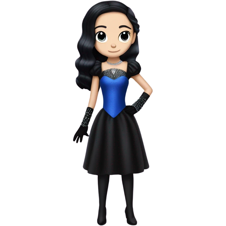 relaxed low-cut back silky black evening ball gown with lace gloves, Jenna Ortega as Wednesday Addams wearing a mini diamond tiara showing off blood blue cute horned dragon hand-puppet emoji