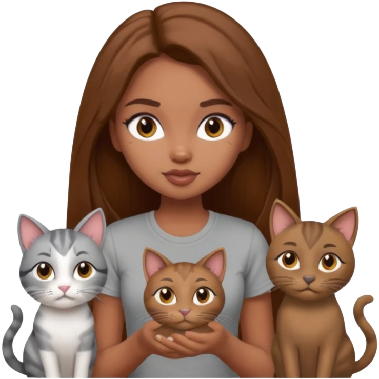 a pretty bratz dusky girl with long brown hair with four cats nd wearing a grey tshirt emoji