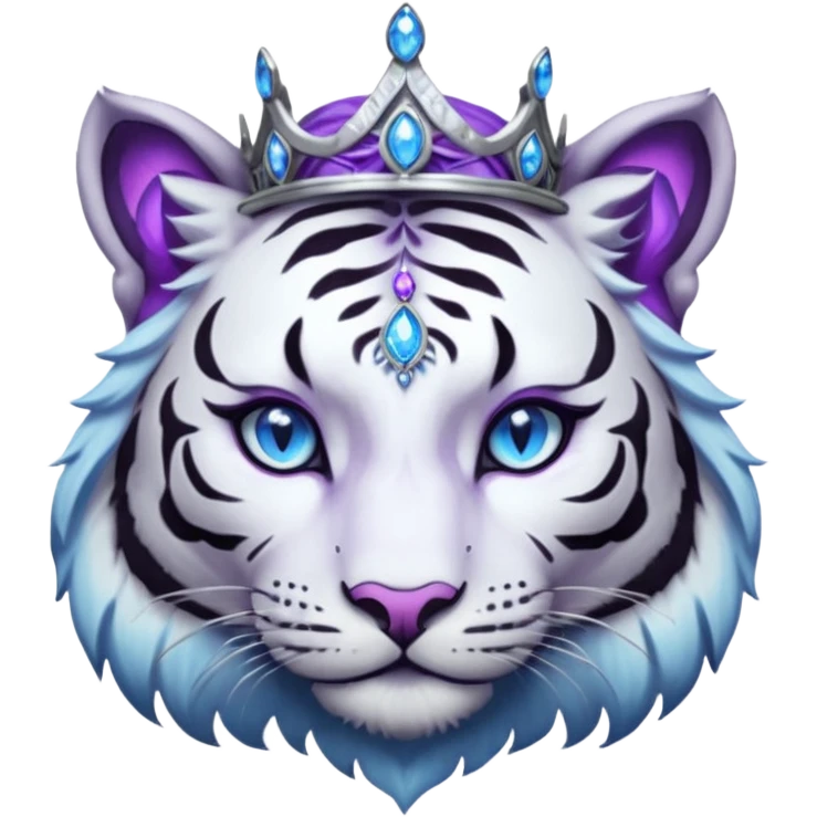 ESO Female white/black tiger khajiit leader of the umbral rose, glowing blue eyes, glowing blue 'third eye' gem; beautiful purple gemmed silver tiara emoji