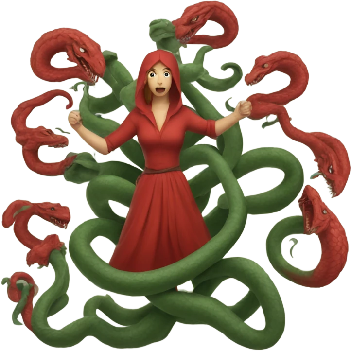 woman in red riding a a hydra with six heads emoji