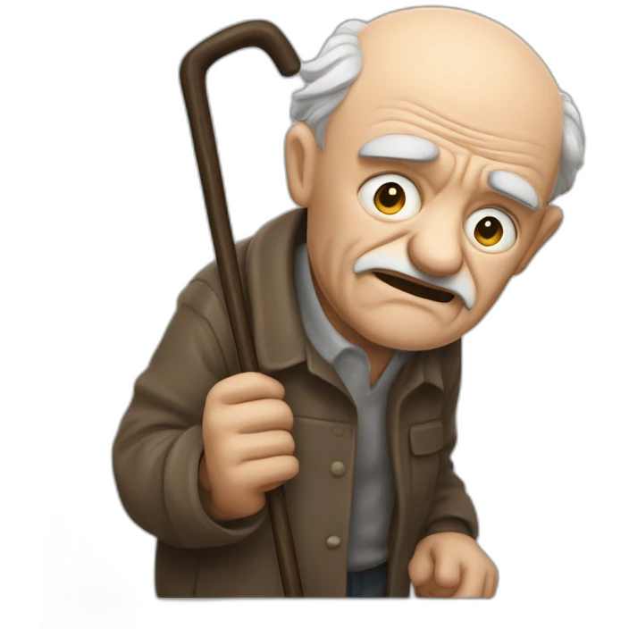 Old man leaning on a walking cane and holding his crancky back with his hand, grumpy face, detailed emoji