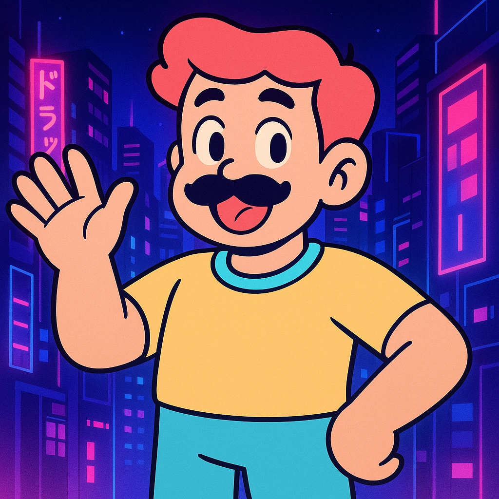 Add a neon city background, keep the 90's anime style and all original colors and lighting emoji