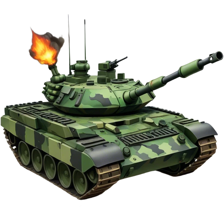 T-90M (2022) – Cinematic-realistic T-90M tank, its angular black and green camouflage slicing through a muddy battlefield. The reactive armor panels gleam under missile flashes, and its remote-controlled machine gun turret swivels as it advances through a smoldering village, leaving deep tracks in the scorched earth. emoji