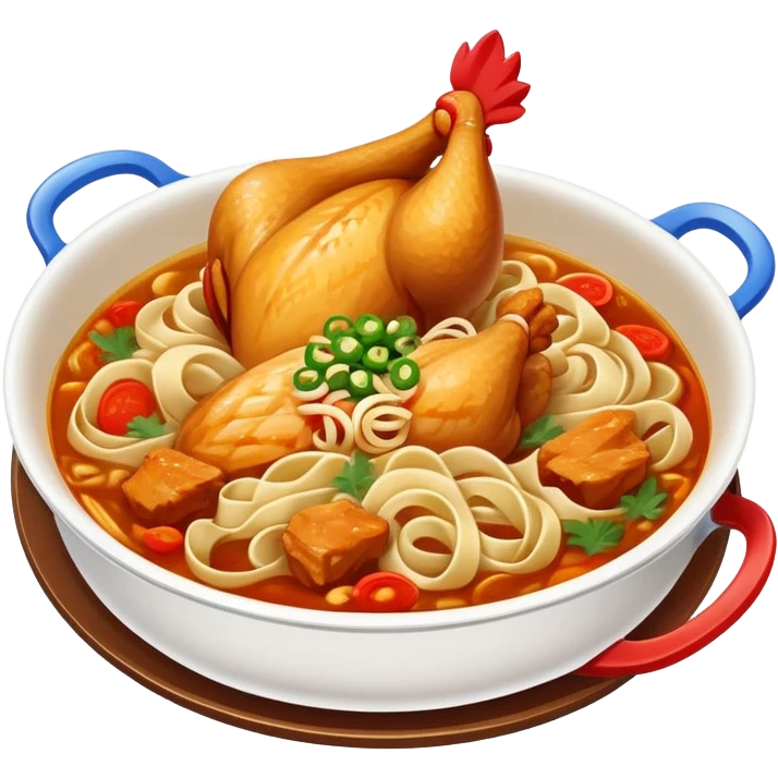 Xinjiang Big Plate Chicken with wide noodles in large dish, simplified emoji style with bold outlines and bright colors, cartoon style spicy chicken stew emoji