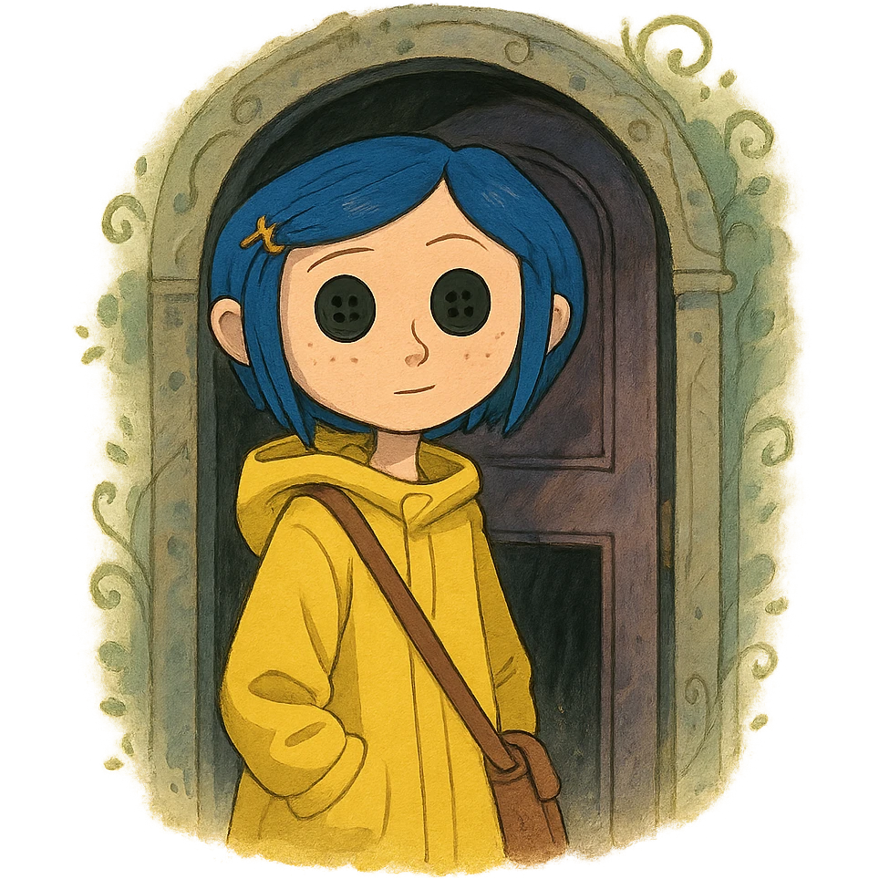 Coraline character with blue hair, yellow raincoat, button eyes, standing in front of a mysterious door, whimsical style emoji