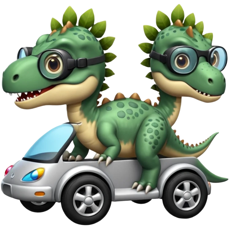 Tres dinosaurios bebés grises cada uno subido en un carro tecnológico blanco con lentes de realidad virtual emoji