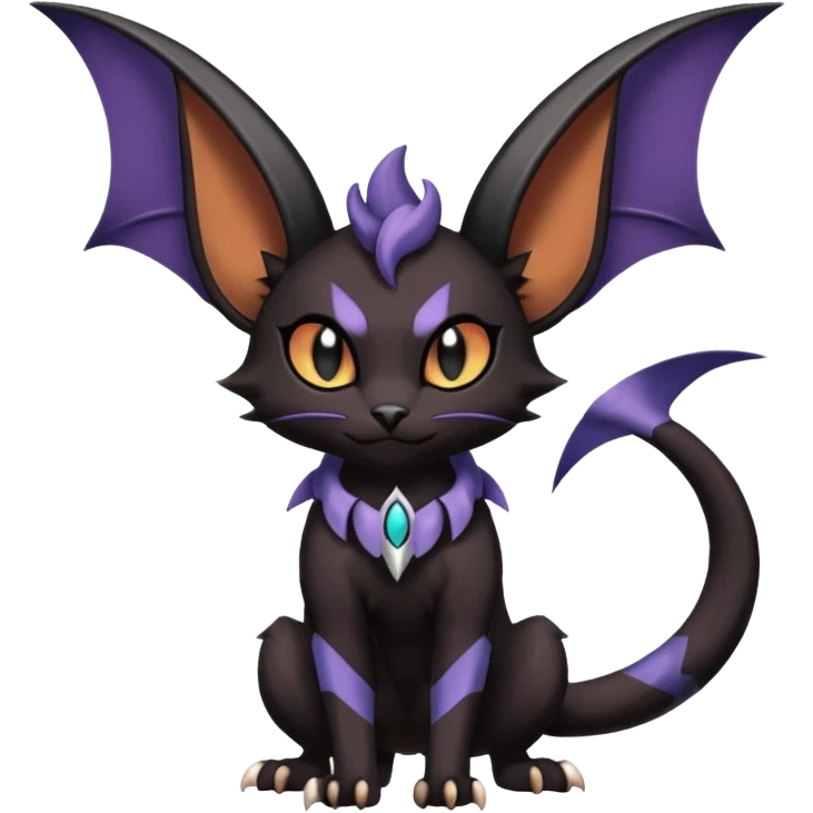 dark spooky badass cool shiny glossy smooth soft Black edgy Noivern-Noibat-Purloin-Torracat-Lykoi-Caracal-cat-Fakemon-fusion-hybrid-creature with bat wings on head as ears, big fangs, gothic markings emoji