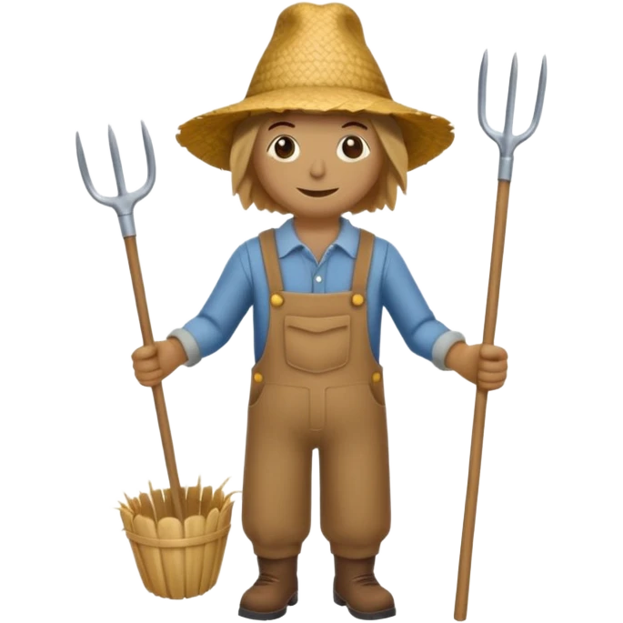 Scarecrow, straw hat, and a rake tucked in one arm, body on stick emoji