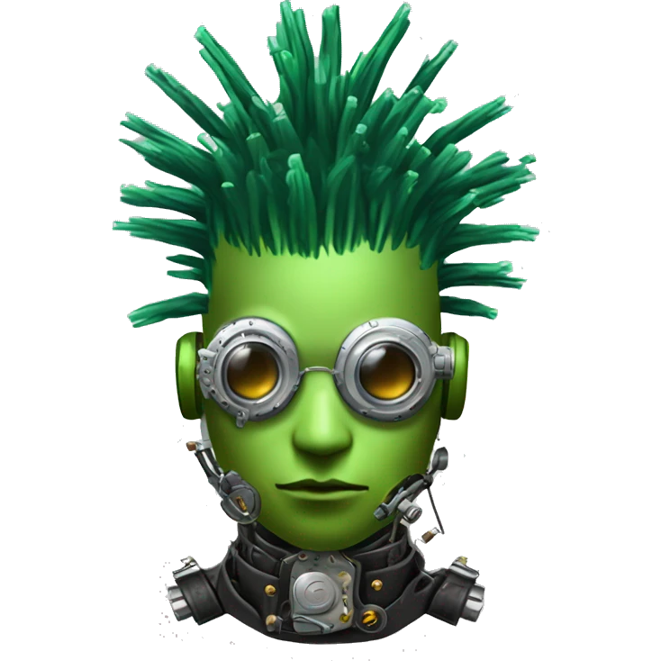 Green Mohawk hair male cyborg head with white steampunk goggles and circuits emoji