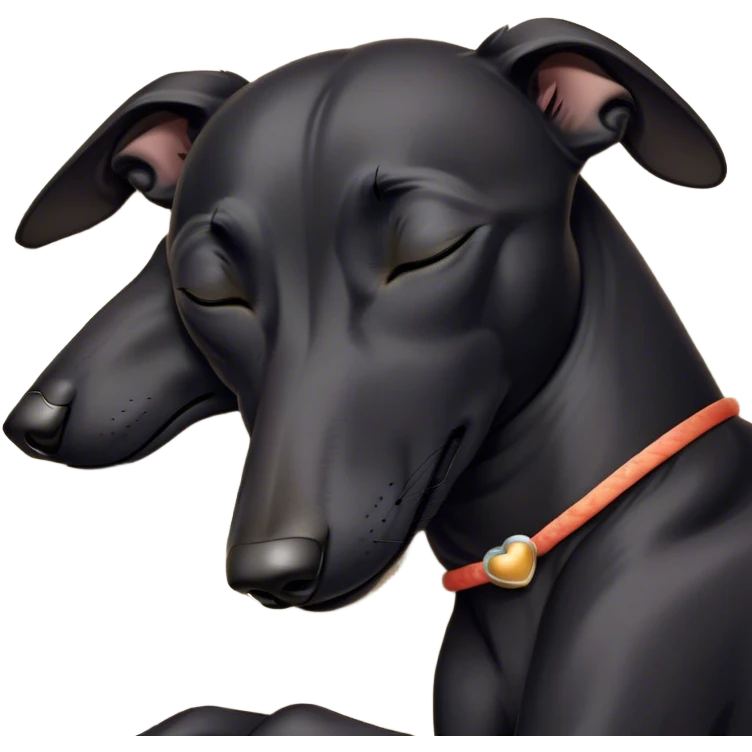 Meme-Worthy Cute Sleeping Black Greyhound Portrait Emoji, Head resting peacefully with a contented smile, showcasing a delightfully slender build and a luxuriously smooth black Fur, eyes shut in a serene nap, Simplified yet hilariously adorable features, highly detailed, glowing with a soft, drowsy light, high shine, relaxed and utterly lovable, stylized with an air of playful laziness, bright and heartwarming, soft glowing outline, capturing the essence of a comically sleepy racer, so meme-worthy it feels like it could instantly become the next viral sensation of adorable slumber! emoji