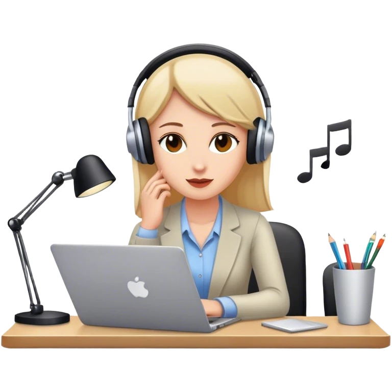 a woman in an office working with laptop listening to music emoji