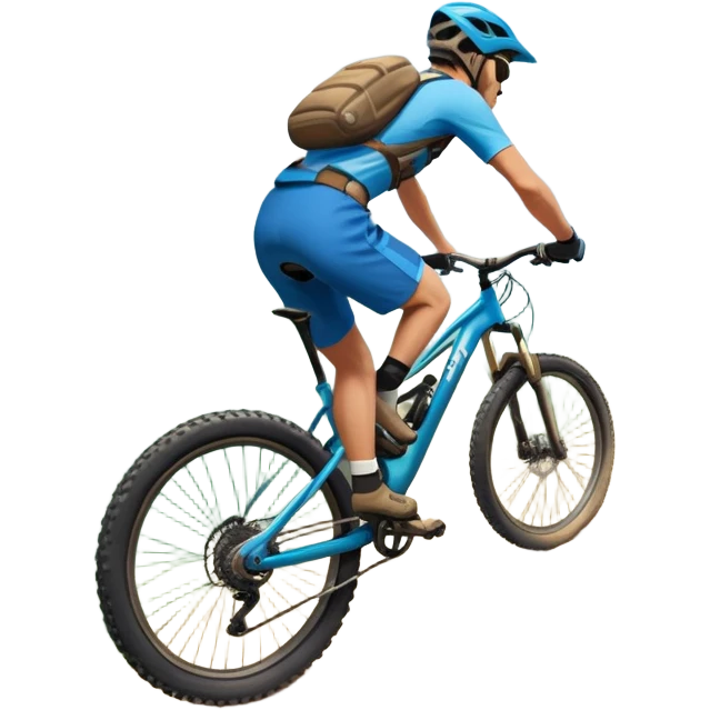 An icon featuring a mountain bike with thick tires on a rugged trail. A cyclist in a helmet rides downhill, kicking up dust. The background showcases a breathtaking mountain landscape with green slopes, rocky peaks, and a bright blue sky. Transparent background emphasizes adventure and speed emoji