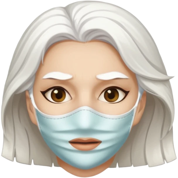 white haired woman with half white mask, mask is cracked emoji