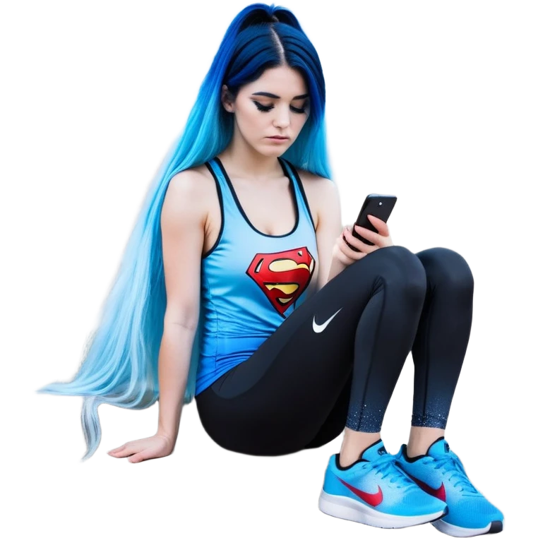 Shameful disappointed crying-very very very very big chest-texting on a samsung cell phone-very long straight flowing black to sky blue hair ombre-blue eyes-black eyeliner-long eyelashes-plastic sparkling sky blue very low cut tank top with sparkling superman logo-black leggings-nike sneakers emoji