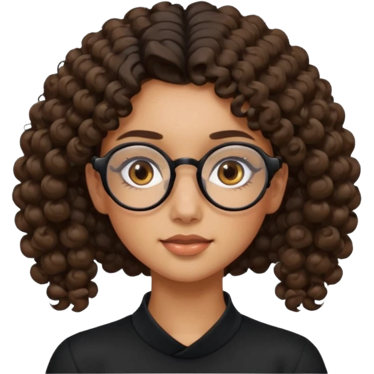 un chica con pelo rizado tiene hecha una coleta y con dos rizos sueltos en la parte de alante que le llega hasta el cuello. luego pil un poco morena ojos marrones y tiene gafas negras y son exagonales pero un poco redondeadas. emoji