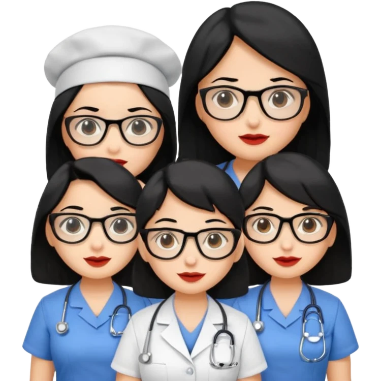 Genera emogis de 4 cuatro enfermeras de cabello negro largo, entre ellas que una tenga lentes y otra un lunar encima de los labios emoji