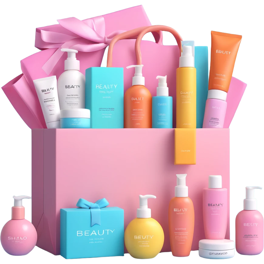 Gift bag with beauty products (shampoo, creams, styling products), a gift bag is beautyful open box full of luxury brand-labeled beauty products emoji
