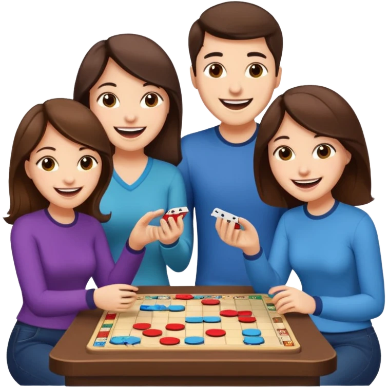 2 male and 2 female brunette friends playing board game emoji