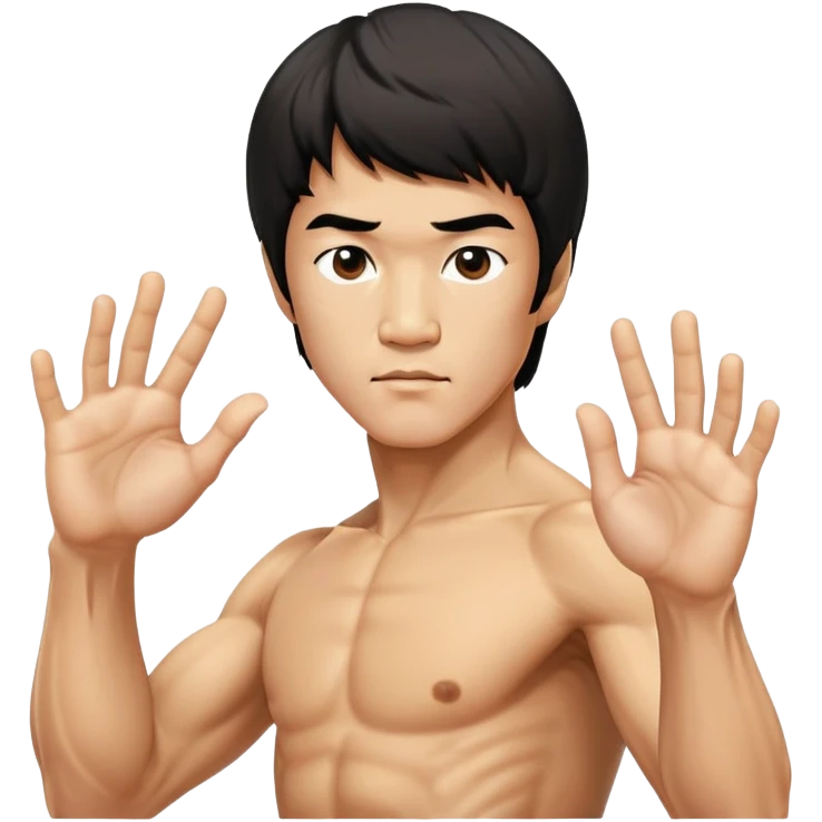 Bruce Lee with anatomically correct hands and fingers in martial arts stance emoji