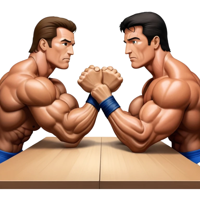 Arnold Schwarzenegger and Sylvester Stallone from 'Over the Top,' locked in an arm wrestling battle, using only their right hands. Their left hands rest on the table. Both display immense strength, with muscular arms flexing, under bright competition lights. Transparent background. emoji