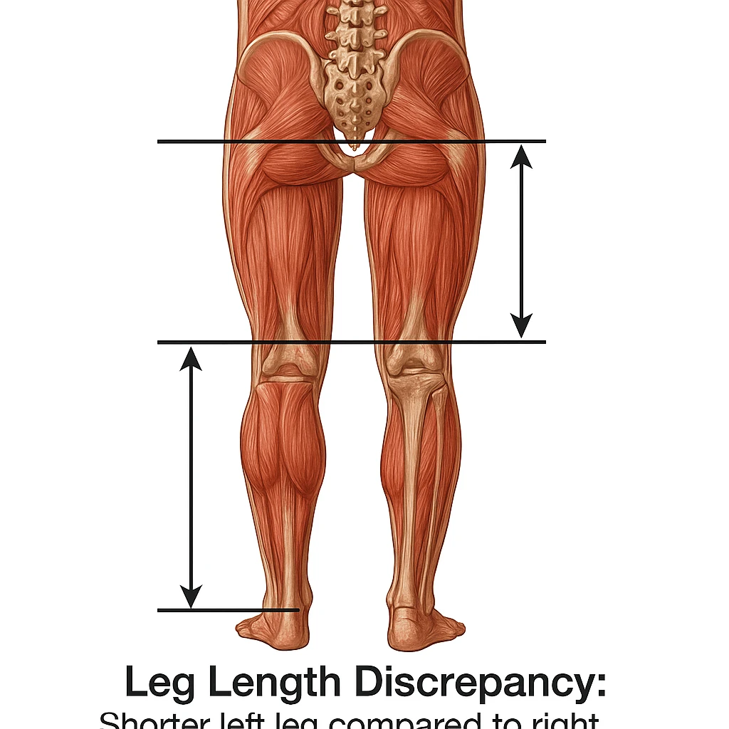 Medical style hyperrealistic posterior view highlighting very clearly the difference in leg length: one leg visibly shorter than the other. Add arrows, reference lines, and an anatomical caption to make the concept immediately understandable. No background. Variation 1. emoji